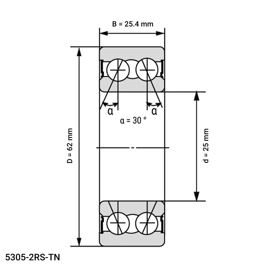 شمای فنی بلبرینگ تماس زاویه ای 5305 2RS TN