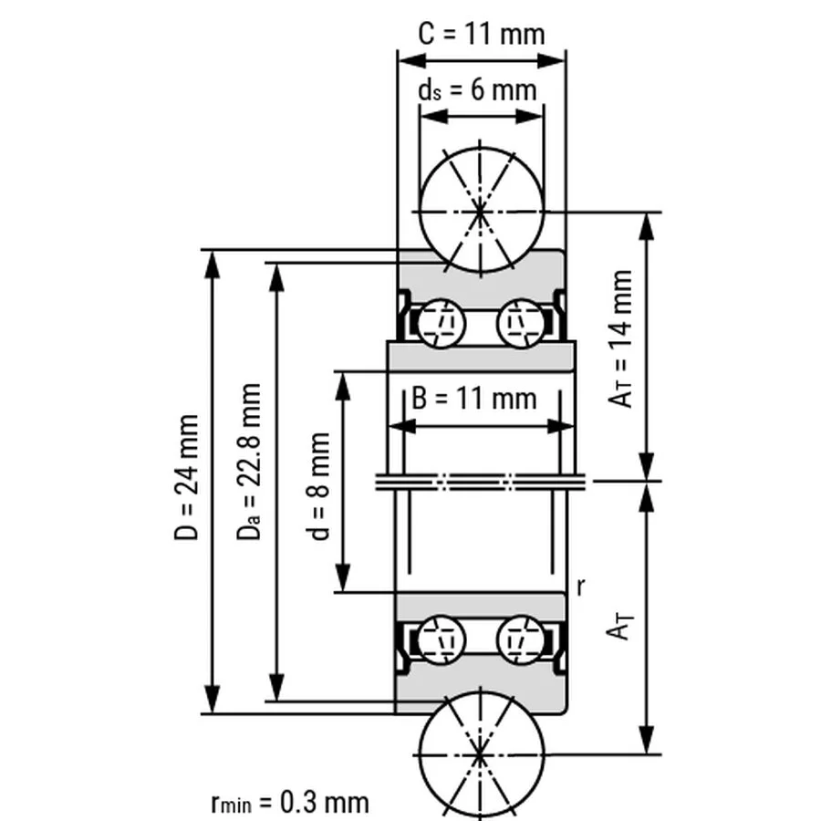 شمای فنی غلتک بلبرینگ LFR50/8 6 ZZ شمای فنی غلتک بلبرینگ LFR50/8 6 ZZ