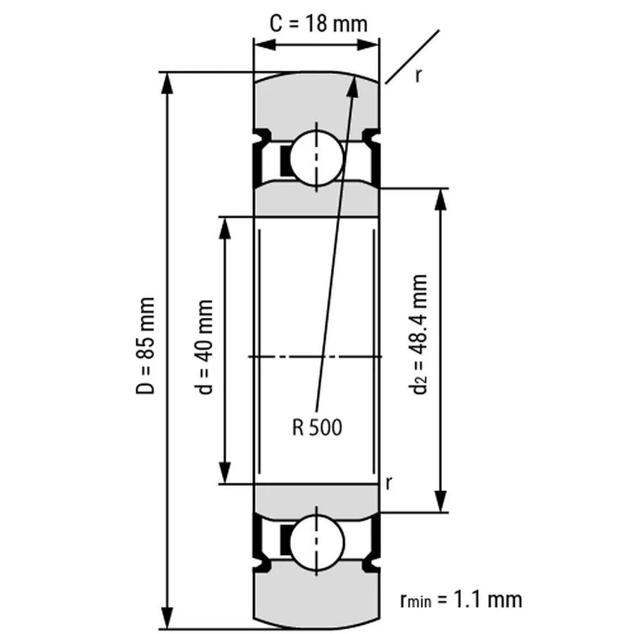 شمای فنی غلتک بلبرینگ LR208 2RS شمای فنی غلتک بلبرینگ LR208 2RS
