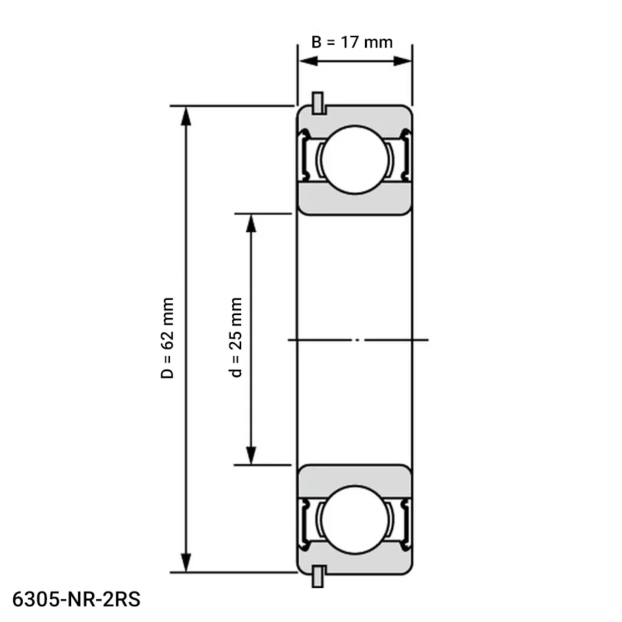 شمای فنی بلبرینگ شیار عمیق 6305 NR 2RS شمای فنی بلبرینگ شیار عمیق 6305 NR 2RS