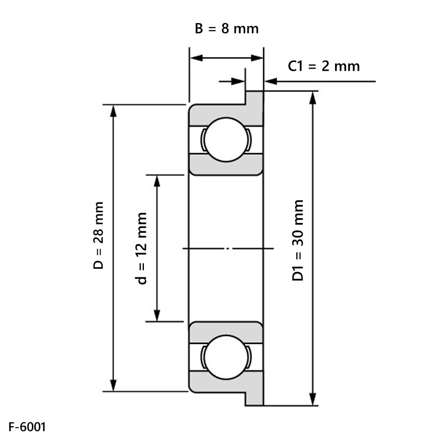شمای فنی بلبرینگ شیار عمیق F 6001 شمای فنی بلبرینگ شیار عمیق F 6001