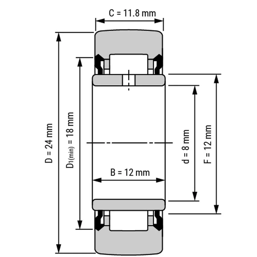 شمای فنی غلتک رولبرینگ NA22/8 2RS شمای فنی غلتک رولبرینگ NA22/8 2RS