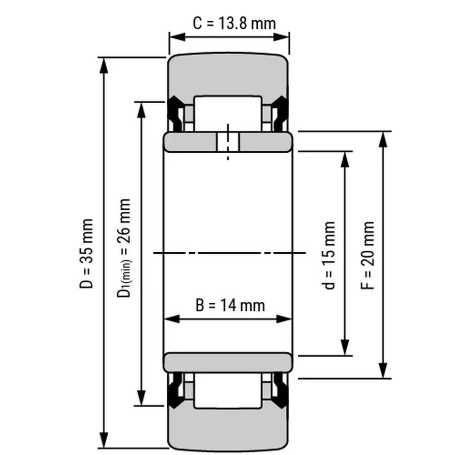 شمای فنی غلتک رولبرینگ NA2202 2RS شمای فنی غلتک رولبرینگ NA2202 2RS